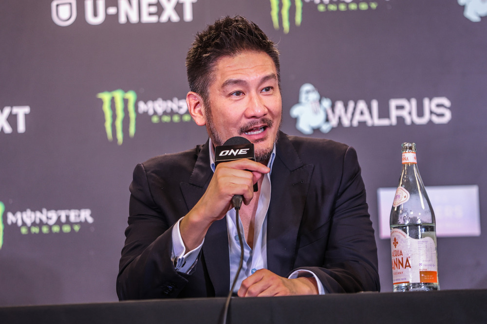 Chatri Sityodtong takes questions at the ONE 172 post-event press conference at Super Saitma Arena in Japan on Sunday, March 23
