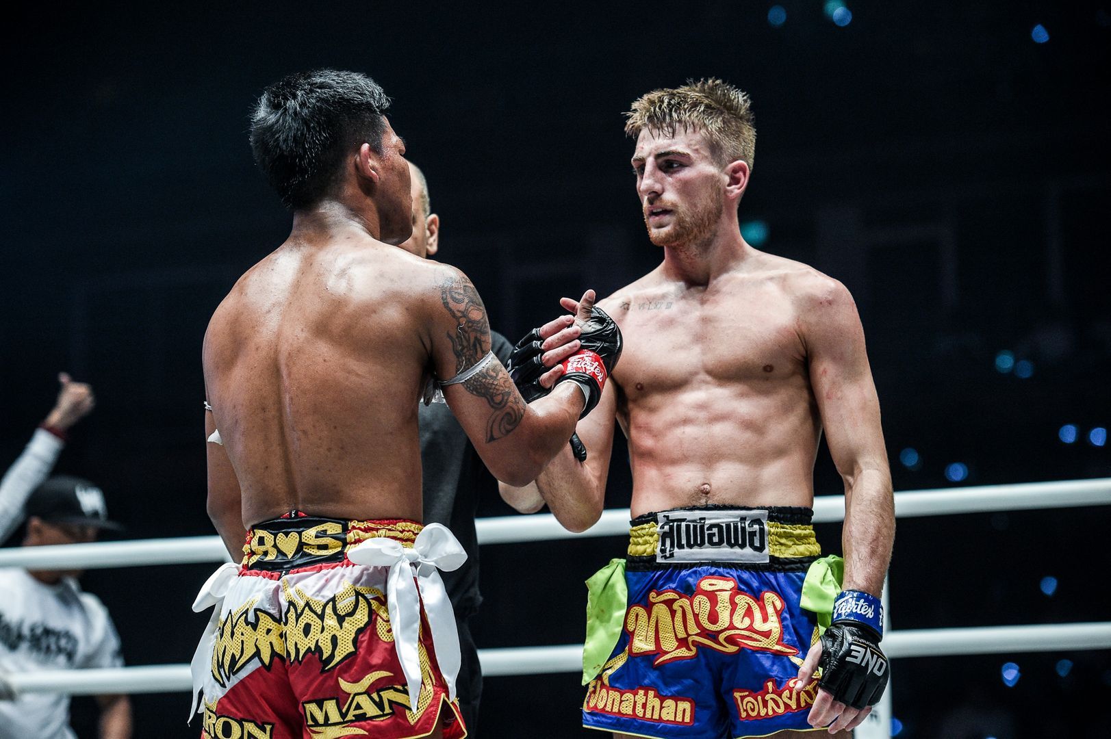 Rodtang Jitmuangnon and Jonathan Haggerty shake hands following their fight at ONE A NEW TOMORROW