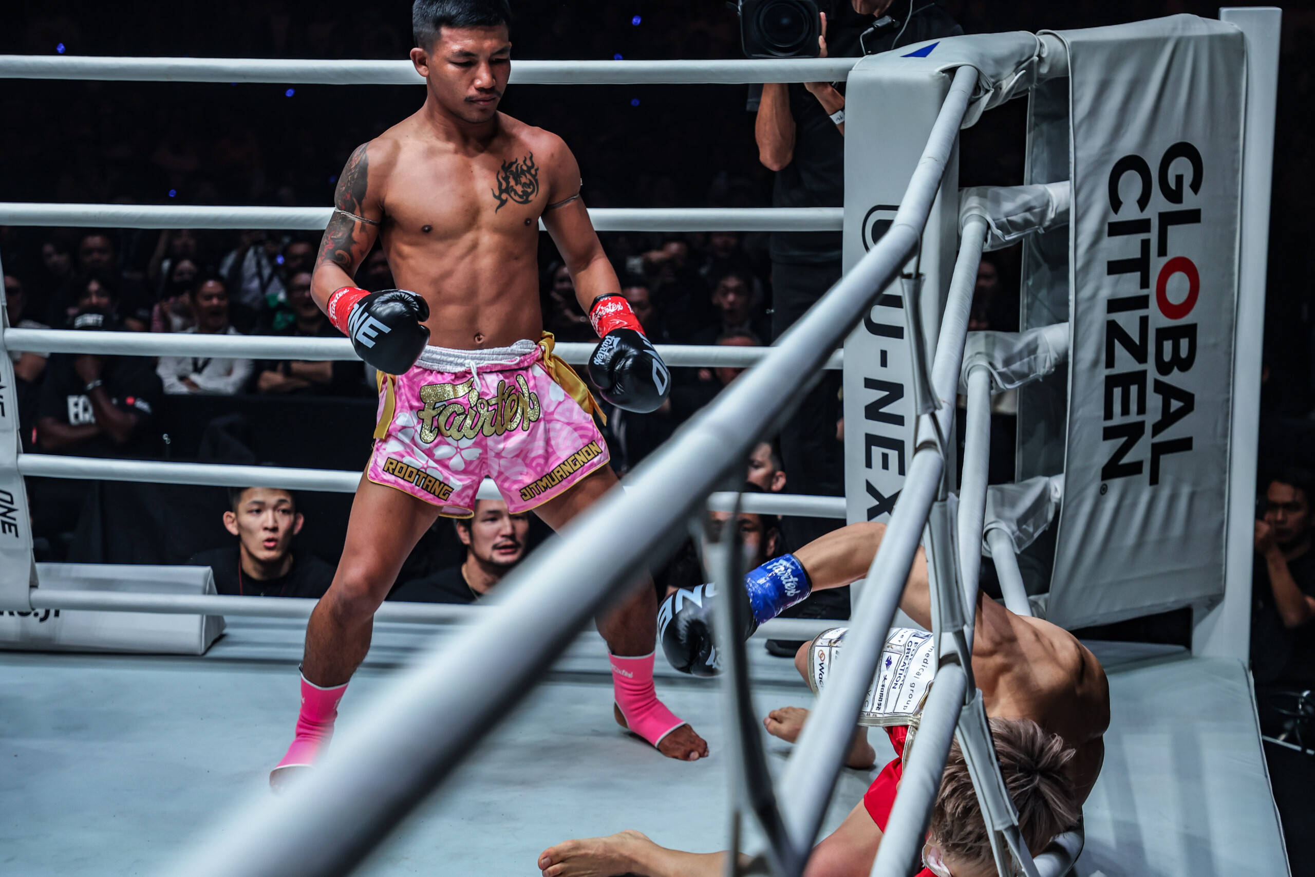 Rodtang Jitmuangnon knocks down Takeru Segawa with a left hook in the first round of their flyweight kickboxing fight at ONE 172 inside Super Saitama Arena in Japan.