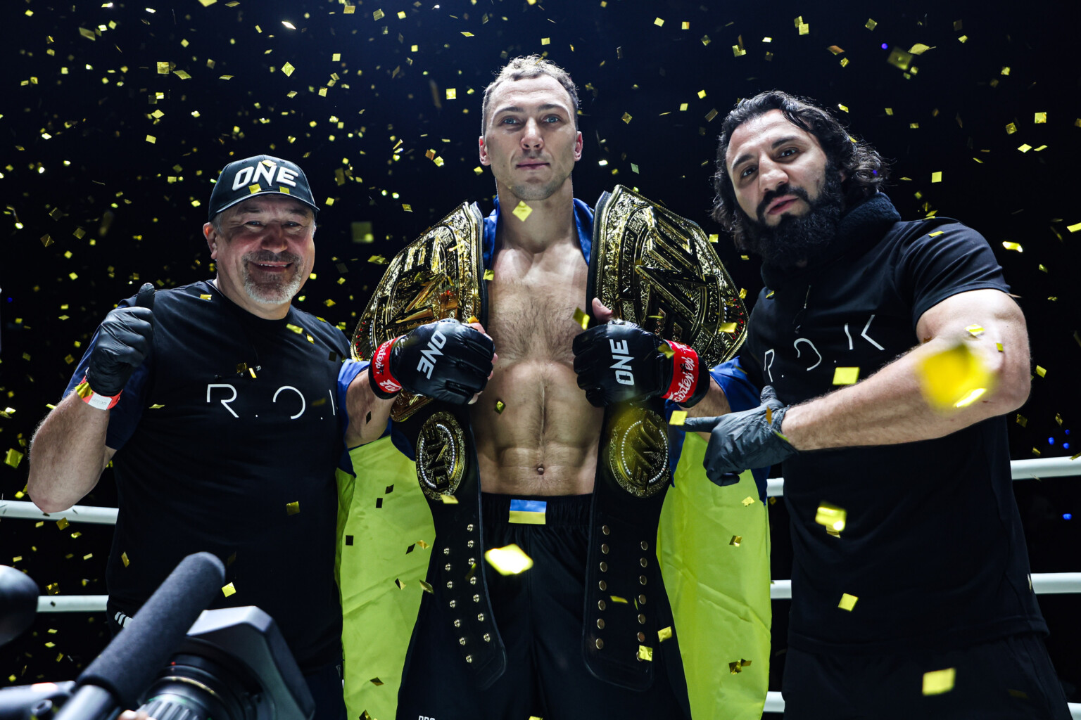 Roman Kryklia celebrating his victory over Lyndon Knowles at ONE Fight Night 30 on Saturday, April 5, inside Lumpinee Stadium in Bangkok, Thailand