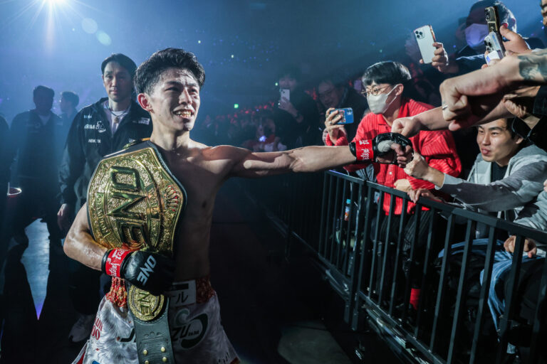 Nadaka Yoshinari celebrates his win over Numsurin Chor Ketwina at ONE 173 in November 2025 at Ariake Arena in Tokyo, Japan.