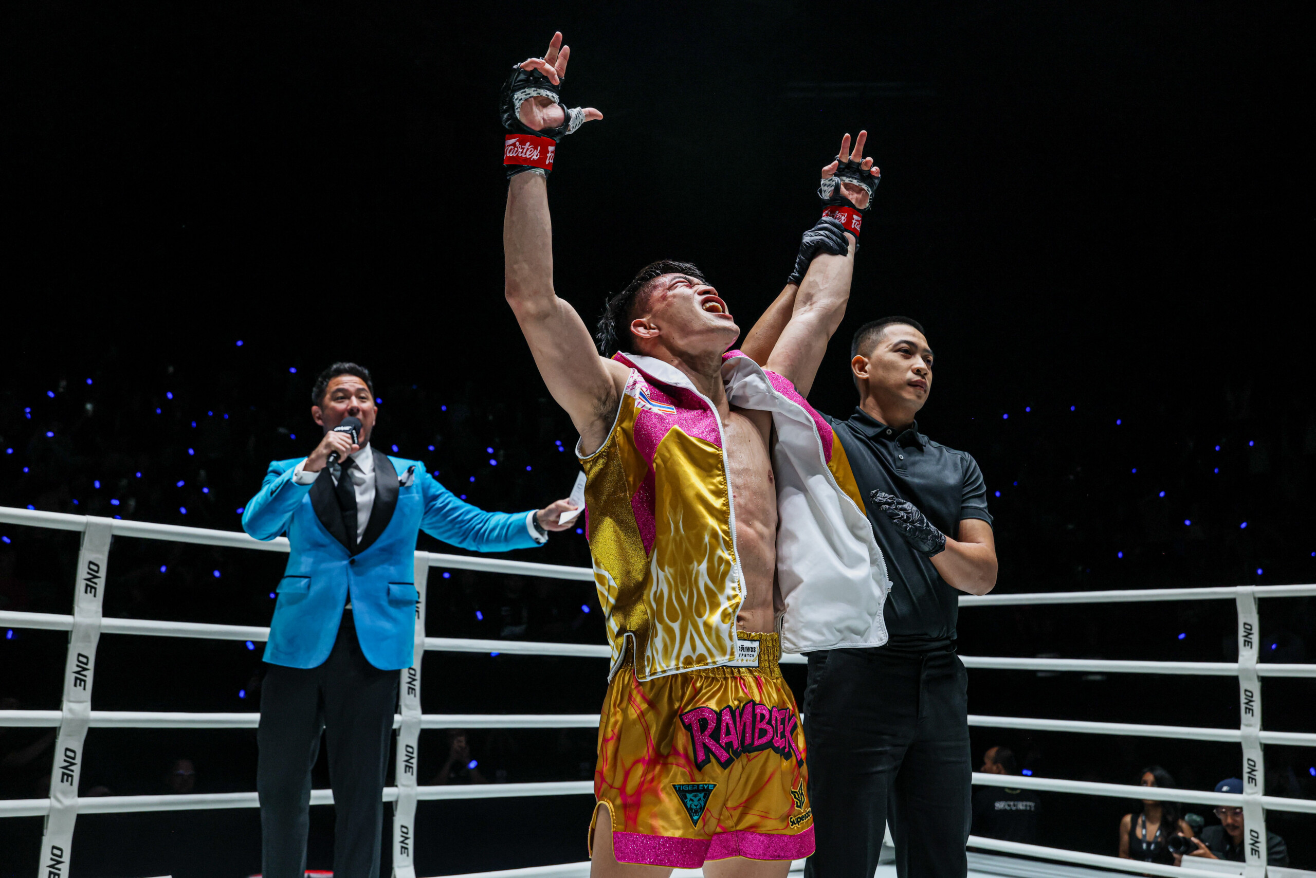 Rambolek Chor Ajalaboon raises his hands in jubilation after defeating Abdulla Dayakaev at ONE Fight Night 39